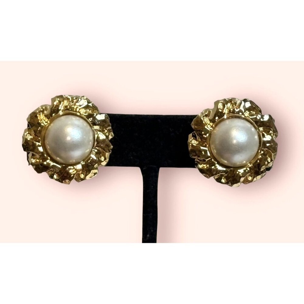 Vintage Signed ST. JOHN Gold Tone Faux Pearl Clip On Earrings Classic Designer